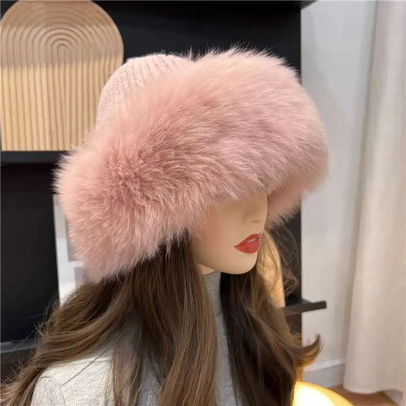 Gorro de piel de zorro para mujer, gorro con protección para los oídos grueso y cálido para invierno, gorro de piel de punto cálido para exteriores, gorros de bombardero de piel de zorro Real