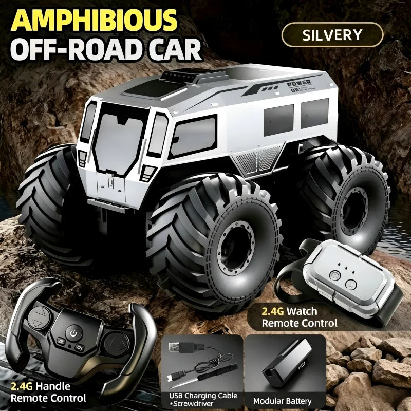 Coche RC anfibio off-road plateado con ruedas enormes y control remoto 2.4G