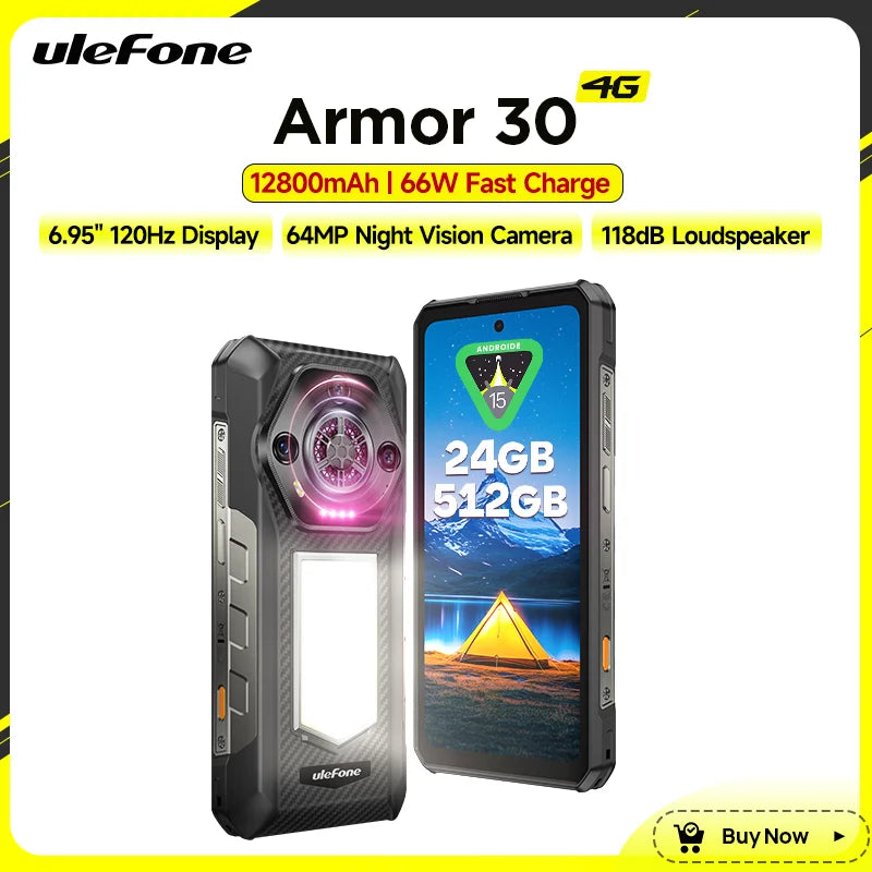 Smartphone Ulefone Armor 30 ultrarresistente, Android 15, 24GB+512GB, LED versátil, NFC, carga rápida de 66W, 12800mAh, altavoz potente, 6,95"