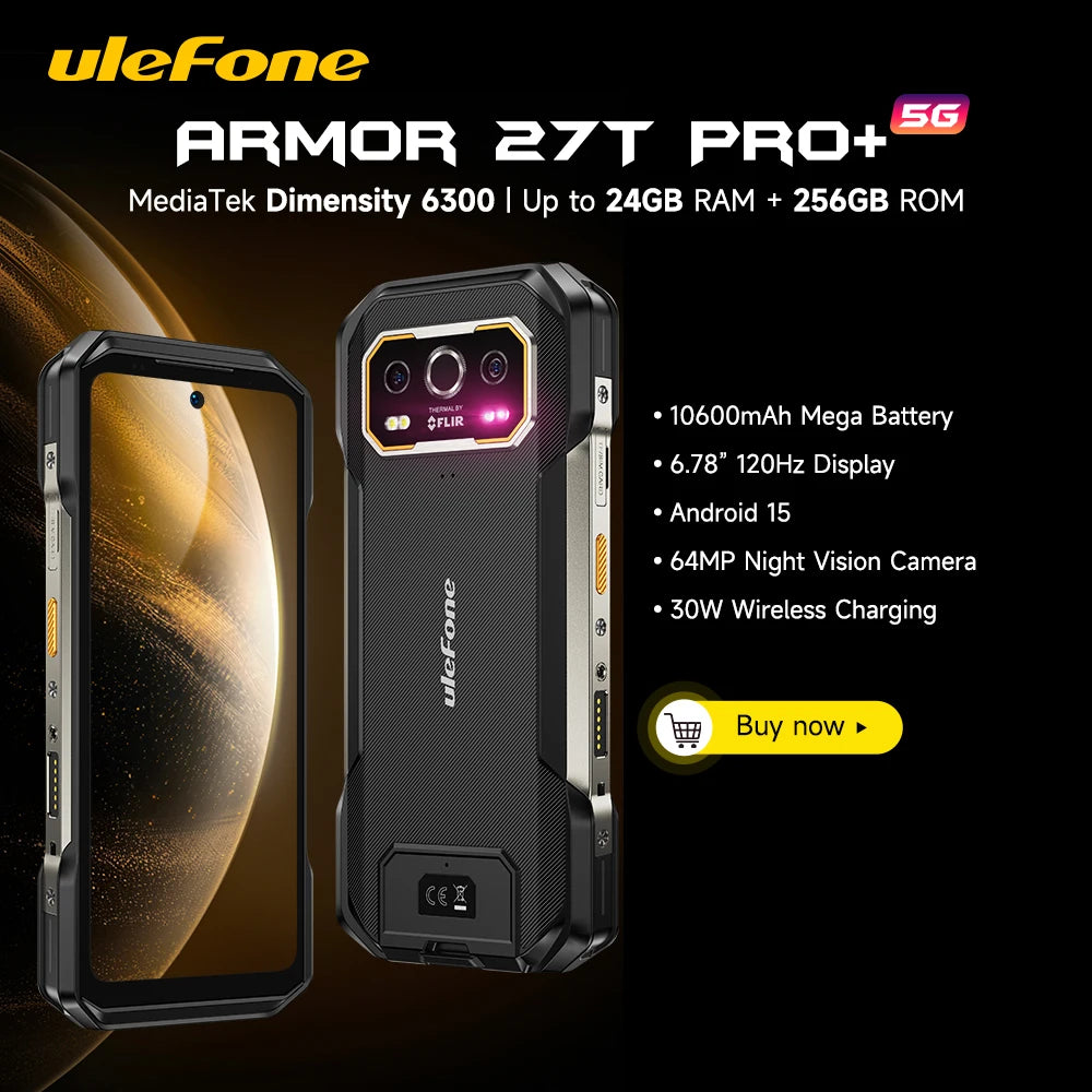 Ulefone Armor 27T Pro+ 5G 10600mAh 64MP Visión Nocturna Hasta 24GB+256GB Smartphone Robusto Android 15 6.78" 120Hz LCD