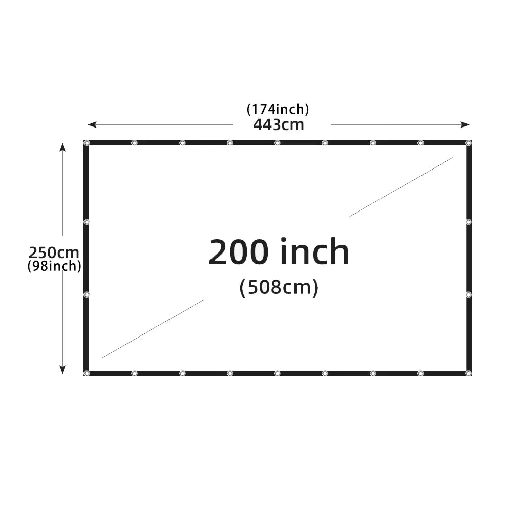 Pantalla de proyector 200 pulgadas, borde negro, medidas 443×250 cm