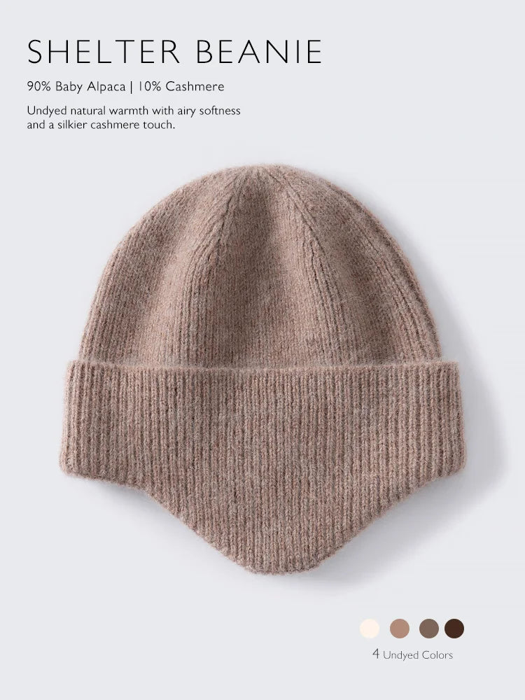 SHELTER BEANIE Gorro con Orejeras 90% Alpaca Fina 10% Cachemira, Calentador de Orejas de Lujo Sin Teñir, Gorro Tejido de Lujo, Calentador de Orejas de Puesta Rápida