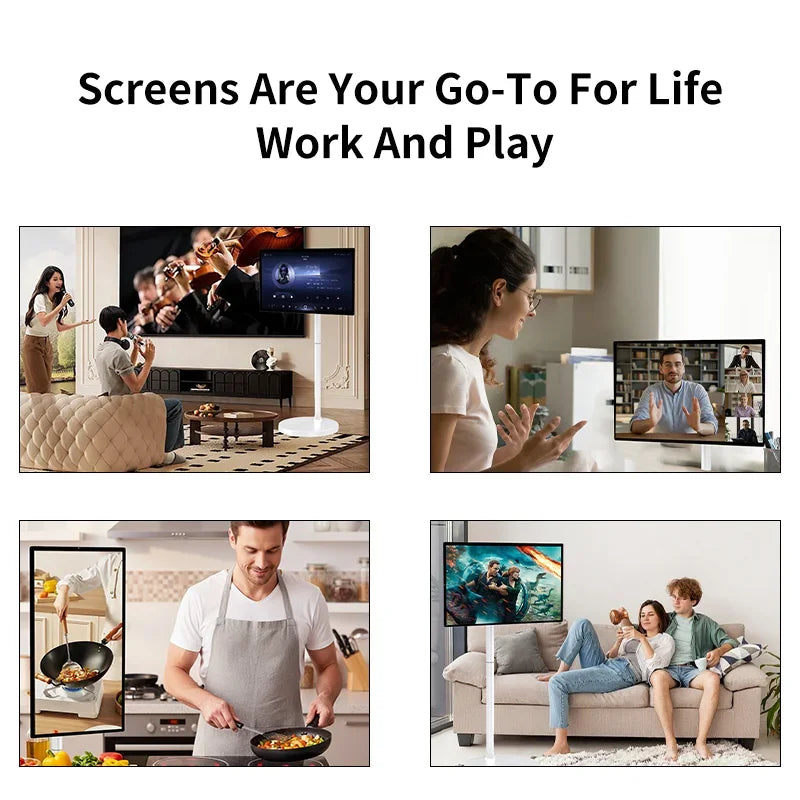 Televisor inteligente portátil con pantalla táctil, soporte giratorio y base móvil, ideal para el hogar, la oficina, la cocina o para usar en exteriores, con función de videollamada. Disponible en inventario en la Unión
