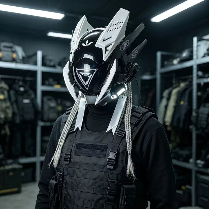 Cyberpunk máscara futurista Techwear, decoración de casco de Cosplay de Halloween con trenza ligera y sucia, Caballero de estilo guerrero japonés Sty