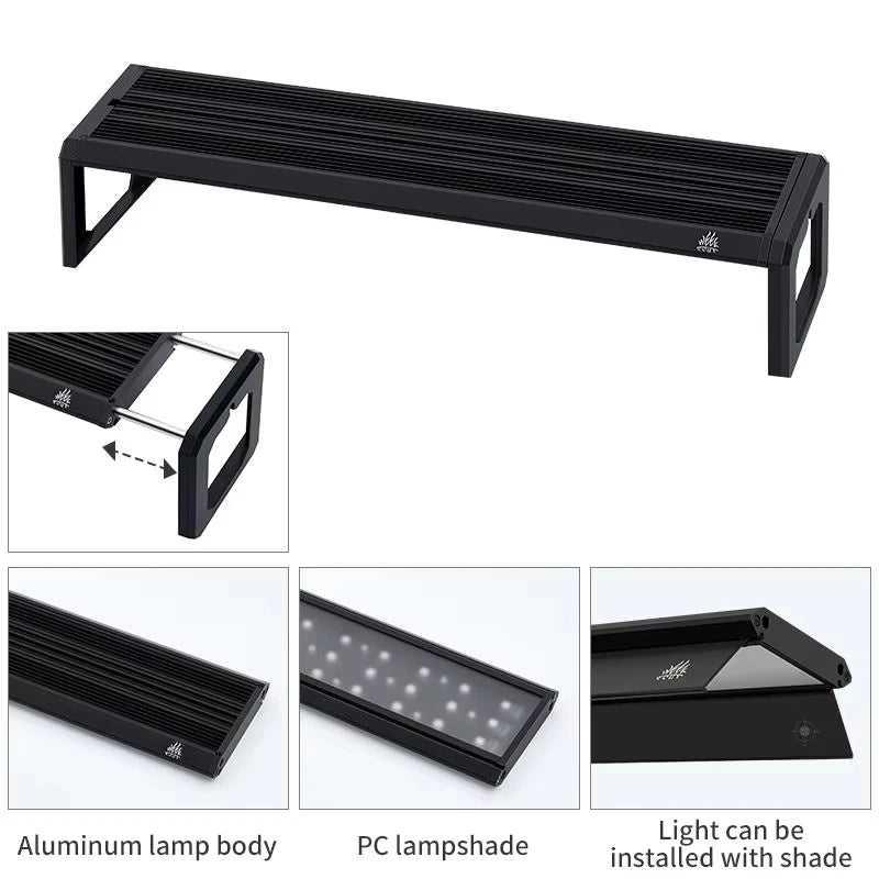 Lámpara LED de espectro completo RGB+UV WEEK AQUA serie M V3 con soporte extensible, control por APP para acuarios plantados y peceras