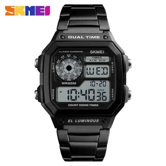 Reloj digital SKMEI 1335 para hombre, deportivo retro, resistente al agua, cronógrafo, reloj de pulsera electrónico, reloj de acero inoxidable para hombre