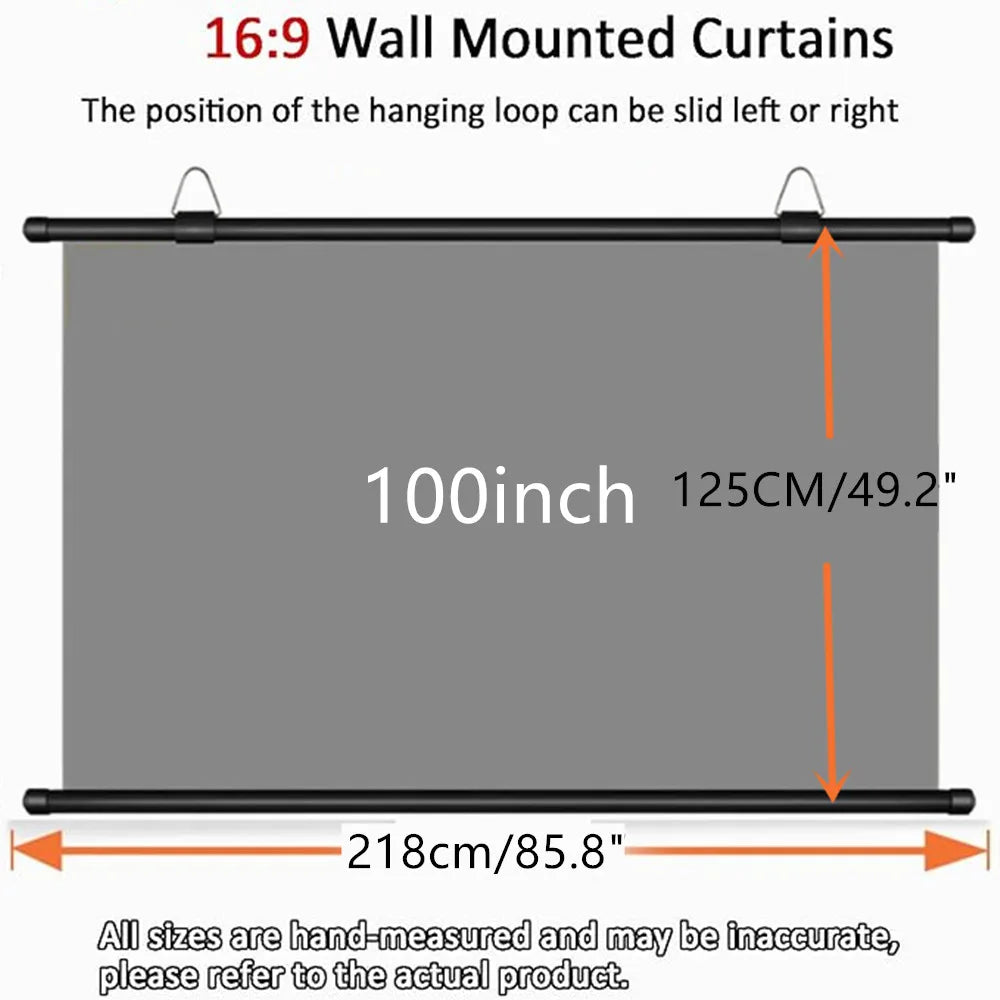 Pantalla de proyector gris montada en pared, 100"; medidas 218x125 cm, barra negra.