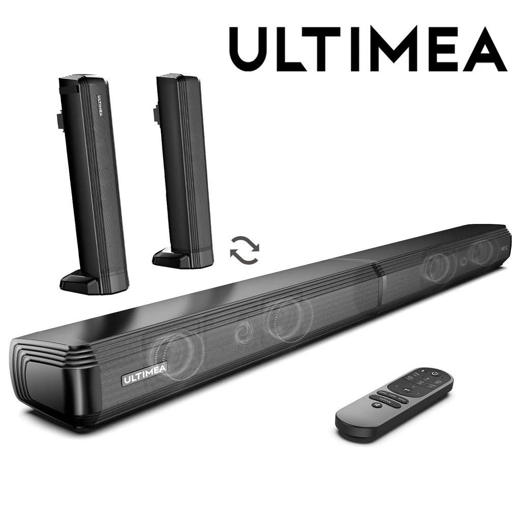 Barra de sonido ULTIMEA negra con mando a distancia y altavoces desmontables