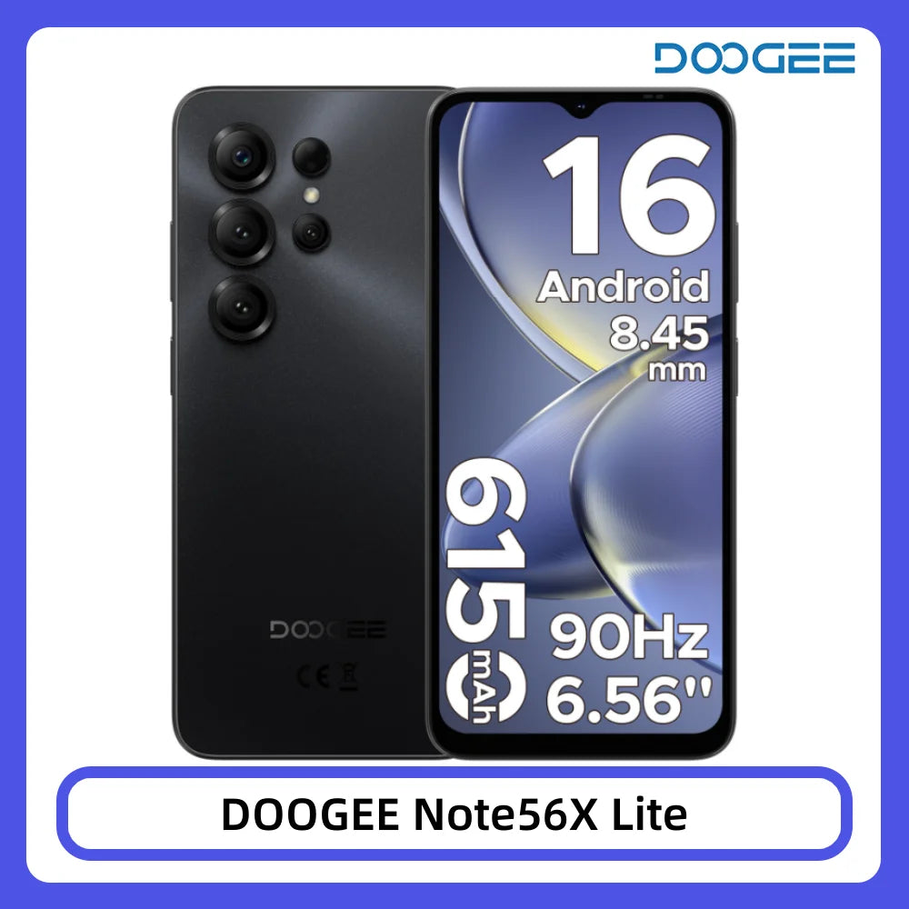 Smartphone DOOGEE Note56X Lite Android 16, 12GB+32GB, pantalla HD+ de 6.56", batería de 6150mAh, 8MP+5MP, Widevine L1, NFC