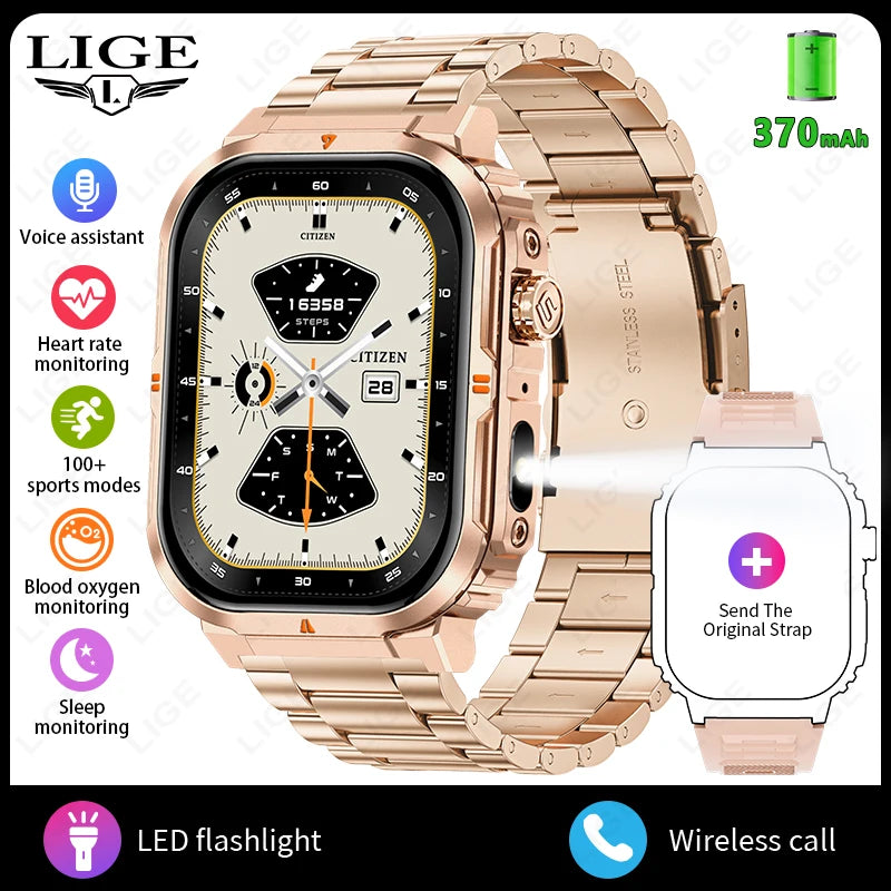 LIGE New Sports Smart Watch 2.01" HD Make Answer Call Voice Assistant Flashlight Outdoor 370mAh Battery Smartwatch For Men Women