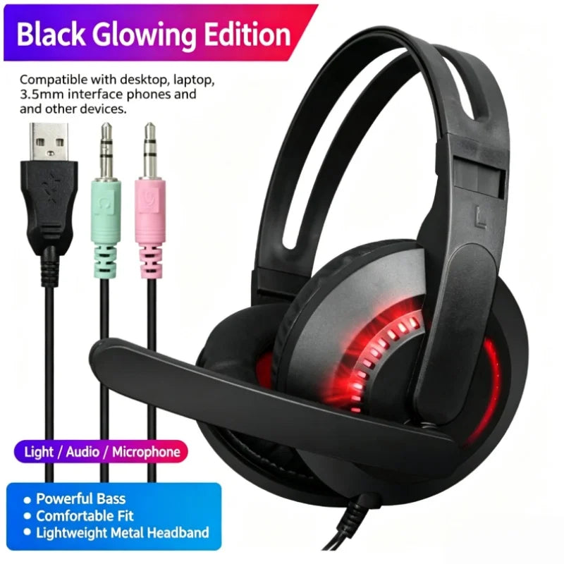 Auriculares gaming negros con LED rojas y micrófono, con cable conector 3,5 mm