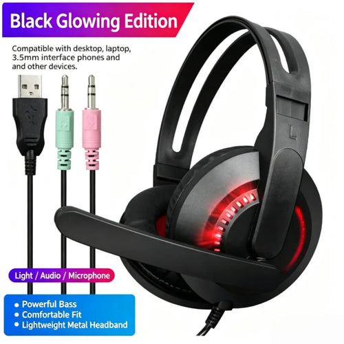 Auriculares gaming negros con LED rojas y micrófono, con cable conector 3,5 mm