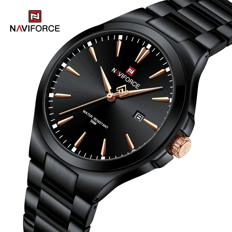 Relojes de hombre NAVIFORCE de diseño original, estilo casual, acero inoxidable, calendario simple, reloj de pulsera impermeable para hombre.