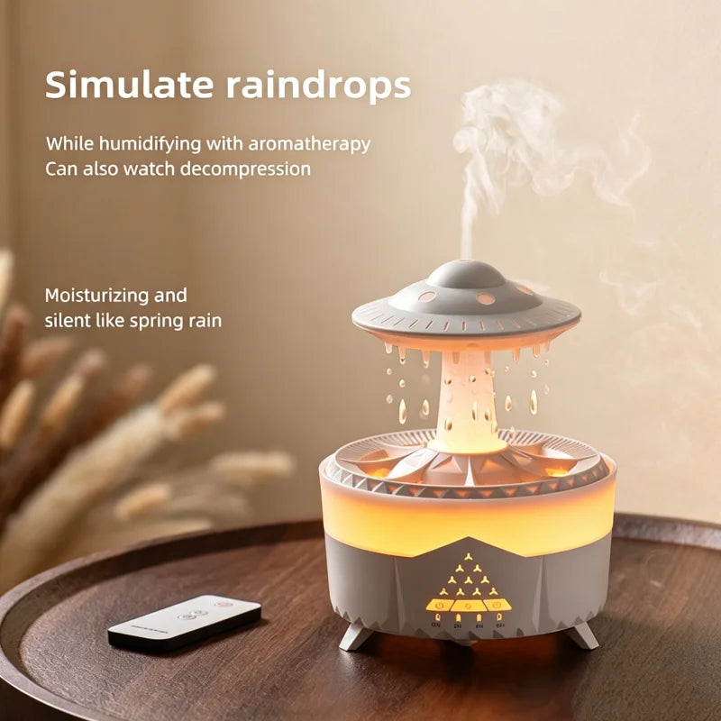 Humidificador con Forma de Nube de Lluvia, Mini Difusor de Aroma UFO con Control Remoto, Luz Nocturna LED de Colores y Sonido de Gotas de Lluvia para Dormitorio y Hogar