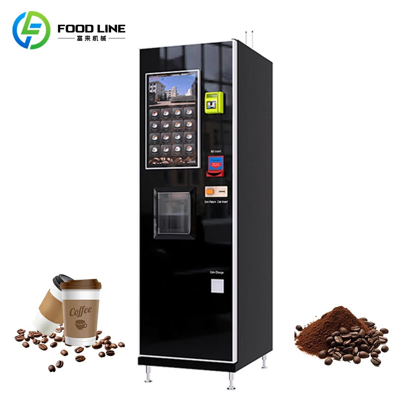 Máquina expendedora de café automática negra, frente con teclado y ranura de bebidas