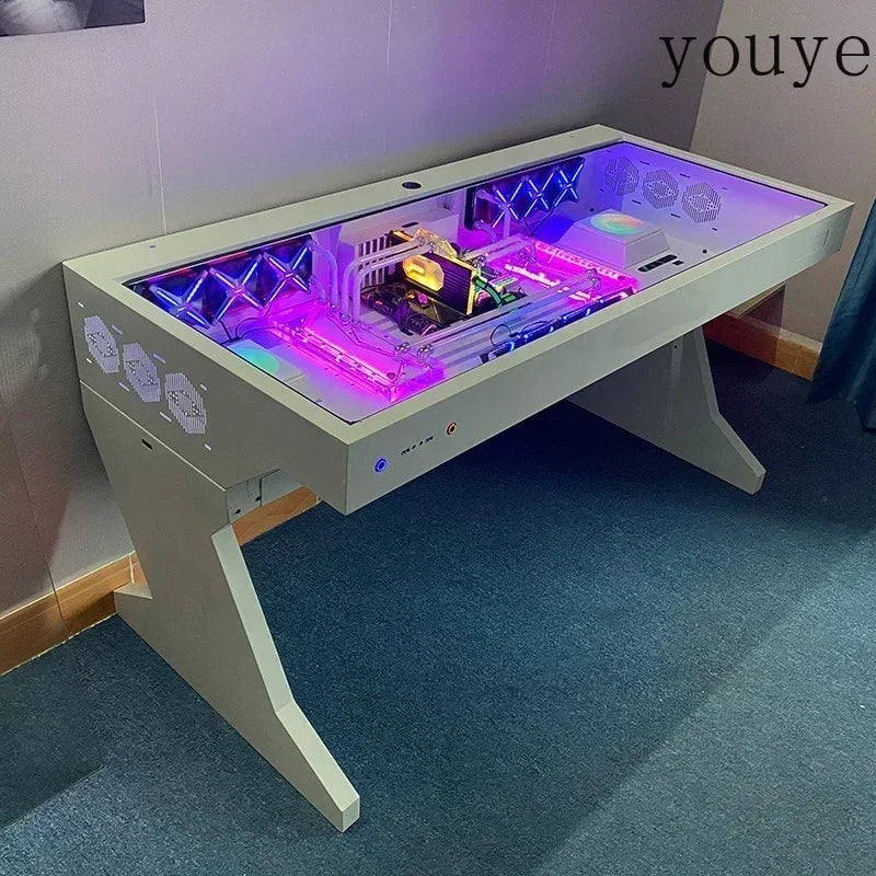 Escritorio para PC con panel de vidrio y luces RGB moradas y azules