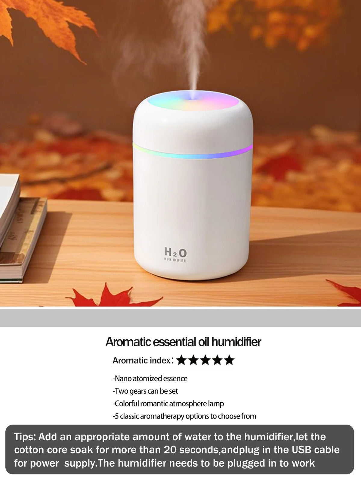 Difusor de aromaterapia de 300ml, humidificador, purificador de aire, uso doméstico en el coche, aceite esencial de aromaterapia con luz de siete colores