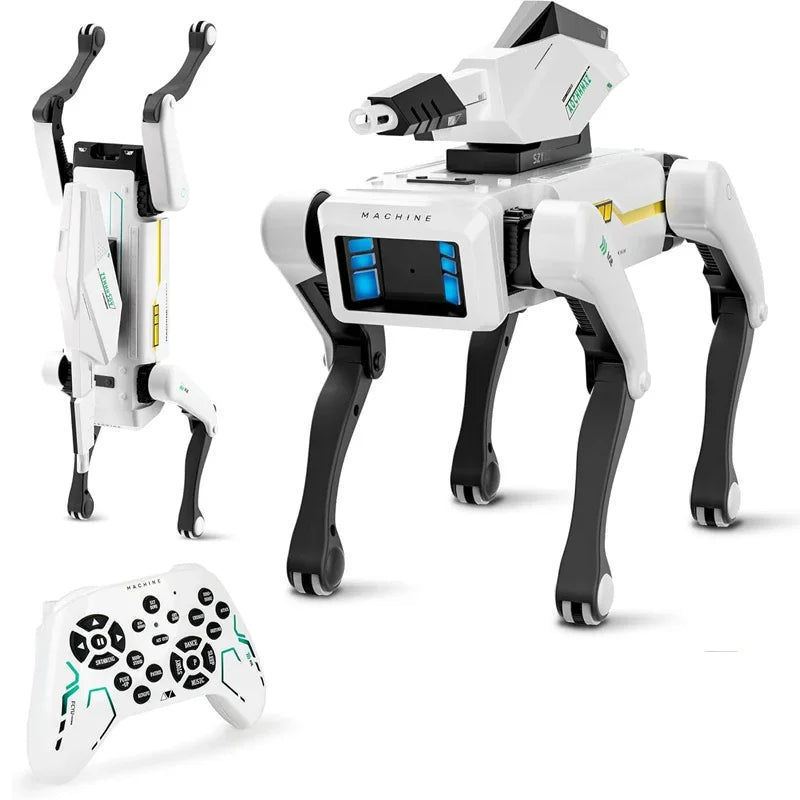 Perro robot RC blanco y negro con pantalla azul; mando incluido, vista en estudio