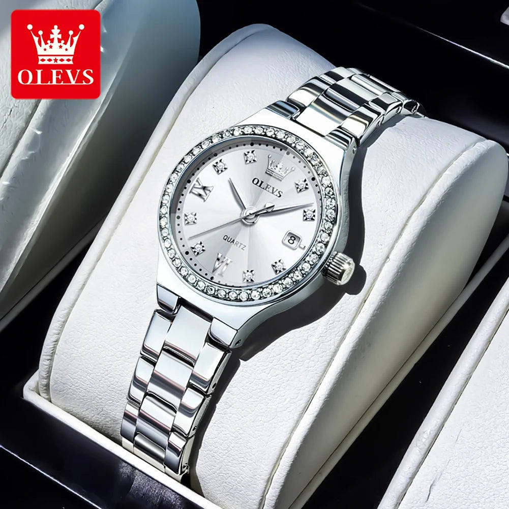 Reloj de cuarzo para mujer OLEVS, elegante y delicado, con espejo de rombos, bisel de diamantes de lujo, correa de acero, calendario, resistente al agua, modelo 5628