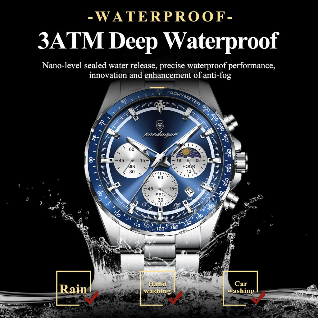POEDAGAR Fashion Sports Man Wristwatch Waterproof Stainless Steel Luminous Men Watch Chronograph Date Quartz Men's Watches Reloj