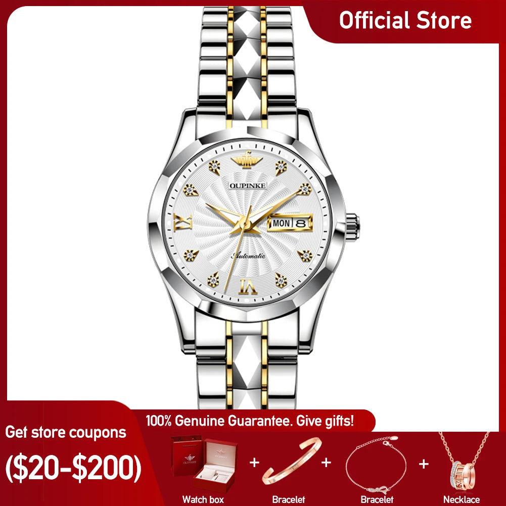 OUPINKE 3169 Reloj mecánico automático de lujo, elegante y moderno para mujer, con calendario de día y fecha, resistente al agua, regalo original
