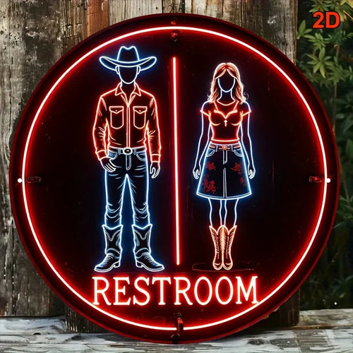 Cartel redondo de neón con dos personajes vaqueros y texto “RESTROOM”, luz roja.