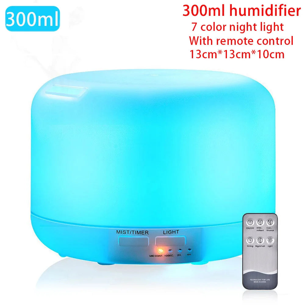 Humidificador de aceite esencial con Control remoto, difusor de Aroma ultrasónico con LED de 7 colores, 300ml, 500ml, para el hogar