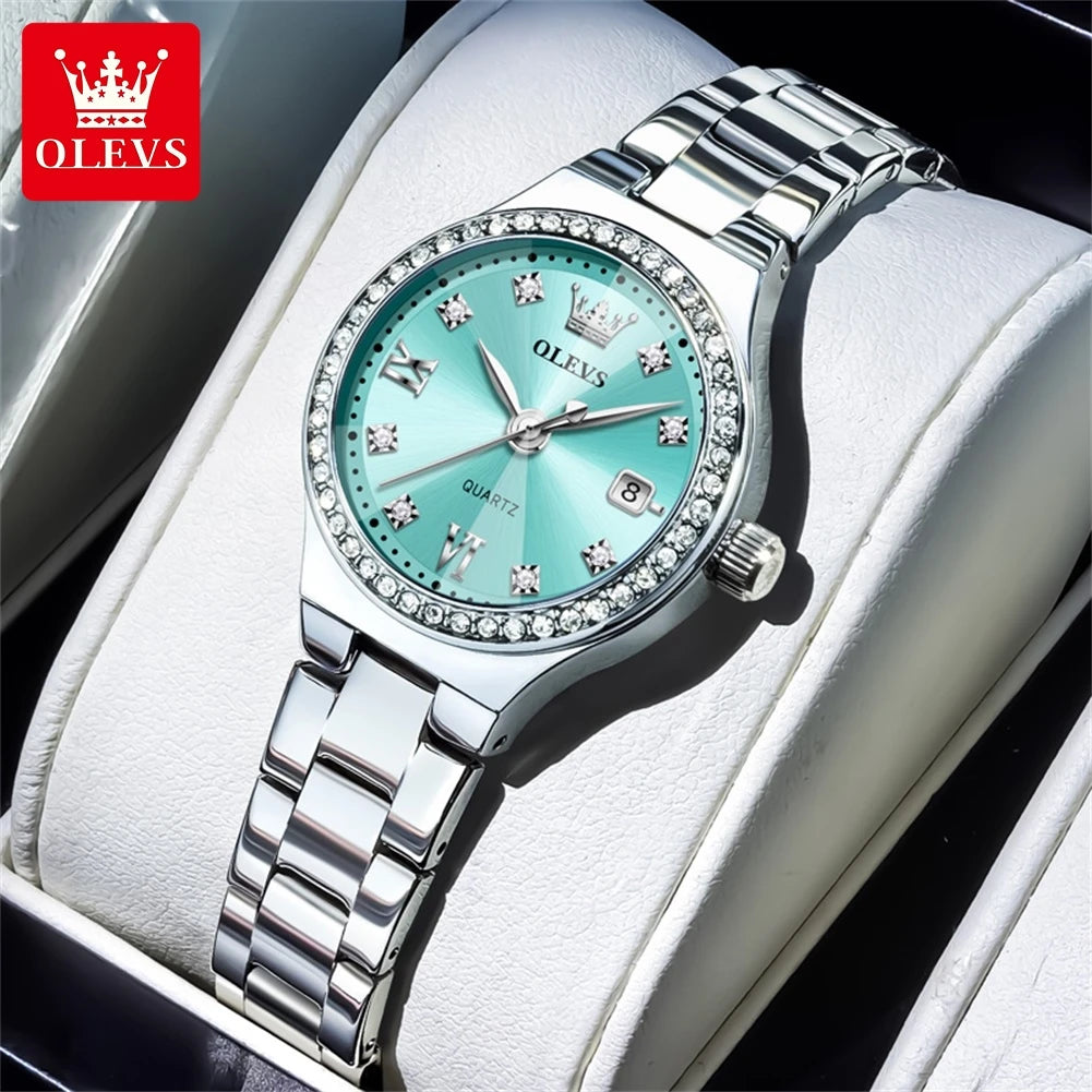 Reloj de cuarzo para mujer OLEVS, elegante y delicado, con espejo de rombos, bisel de diamantes de lujo, correa de acero, calendario, resistente al agua, modelo 5628