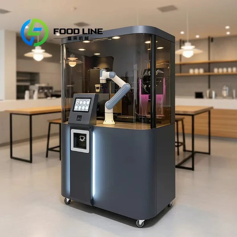 Cafetera robótica con brazo automático y panel de control en base gris oscuro