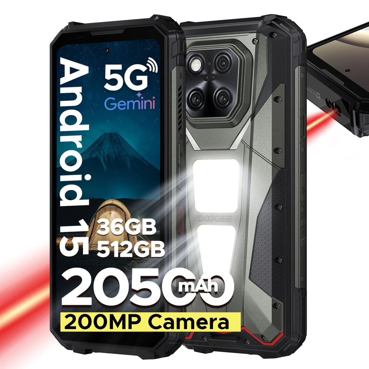 DOOGEE V Max Teléfono robusto 5G con telémetro láser, 36GB+512GB, pantalla de 6.78'', batería de 20500mAh, luces duales para acampar, teléfonos inteligentes