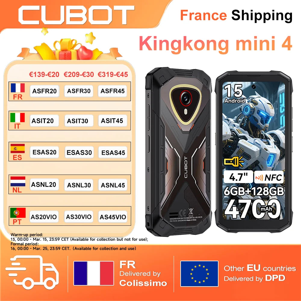 Cubot KingKong MINI 4 6GB+128GB 4.7″ Teléfonos móviles mini 4700mAh Smartphone pequeño Android 15 NFC 48MP Luz de camping