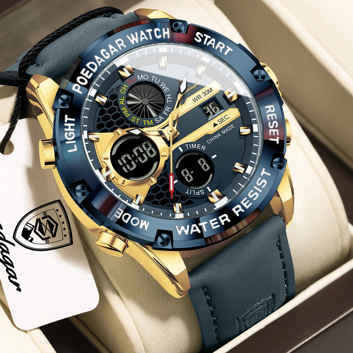 Reloj de hombre POEDAGAR Top Fashion, impermeable, electrónico, LED, de lujo, con pantalla de hora dual, digital, de cuarzo y correa de piel