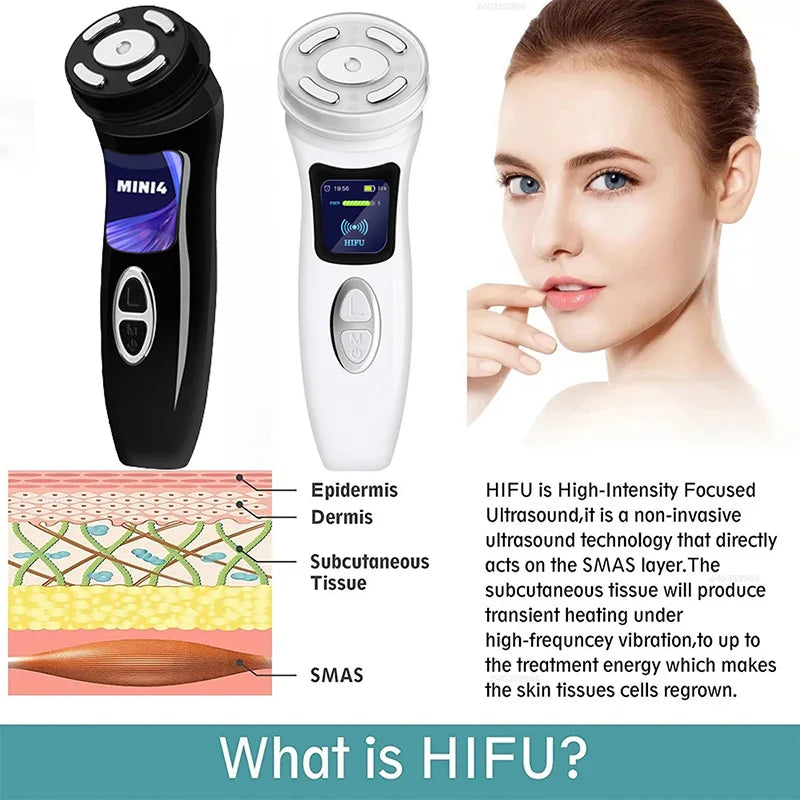 Mini máquina de ultrasonido de radiofrecuencia HIFU 4 en 1, instrumento de belleza Facial de microcorriente EMS, herramienta antiarrugas para el cuidado de la piel reafirmante