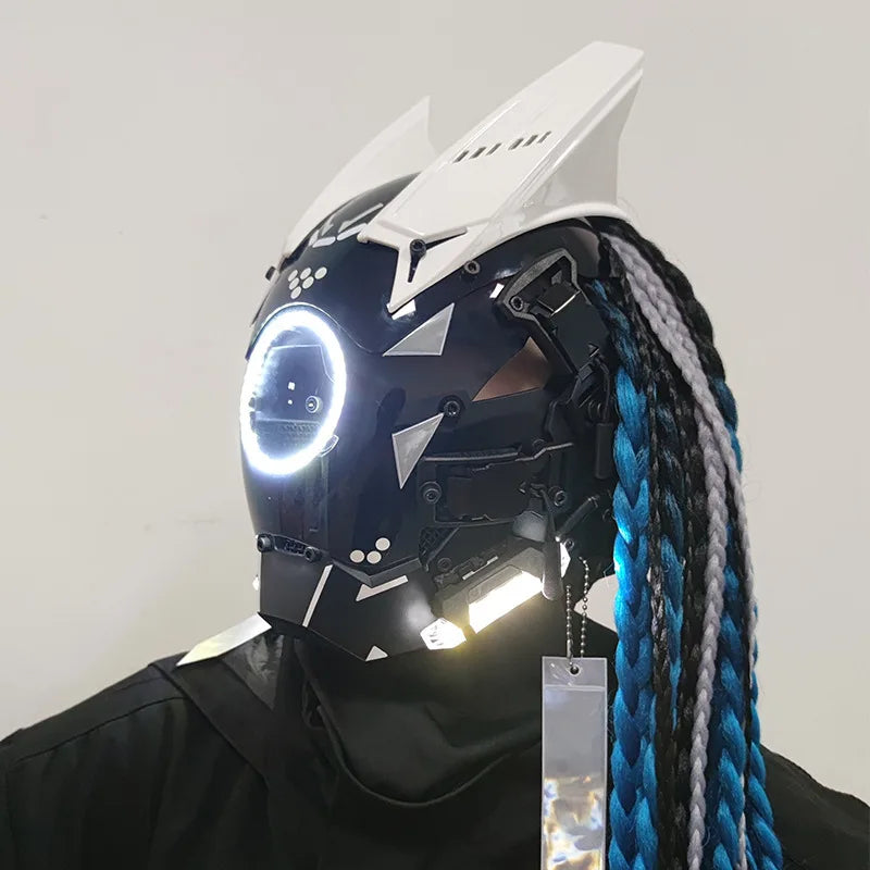 Cyberpunk máscara futurista Techwear, decoración de casco de Cosplay de Halloween con trenza ligera y sucia, Caballero de estilo guerrero japonés Sty
