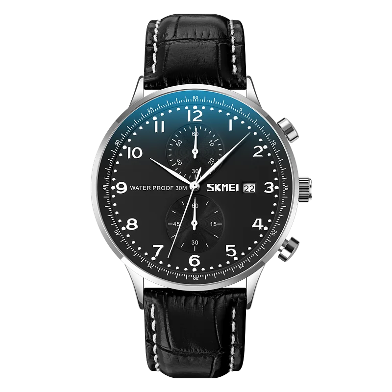 Reloj de pulsera SKMEI 9301 para hombre, de marca de lujo, con correa de cuero auténtico, resistente al agua, con fecha, cronómetro y movimiento de cuarzo.
