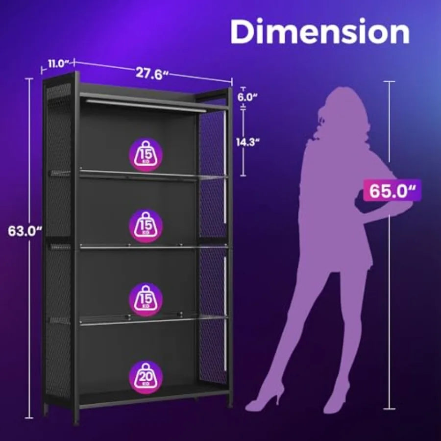 Panel lateral de vitrina negra de 4 niveles con estantes de vidrio y medidas