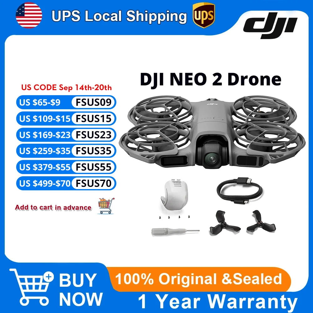 Dron ultraligero DJI Neo 2 gris con cámara, hélices y accesorios en conjunto.