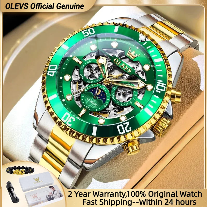 Reloj mecánico para hombre OLEVS 6715, serie de buceo, esfera esqueletizada, acero inoxidable, resistente al agua, fase lunar, fecha, reloj automático de lujo