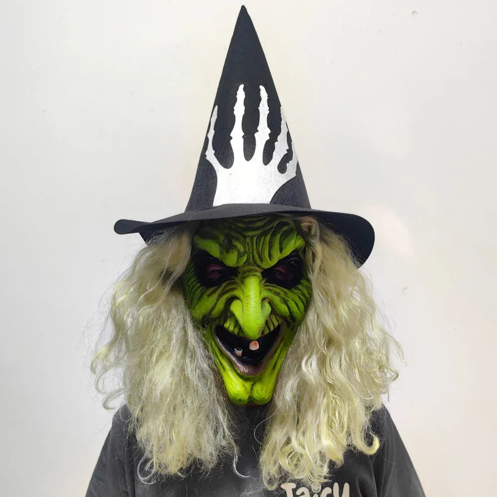 Máscara de bruja con rostro verde, para disfraces de bruja, anciana, abuela, sombrero de látex, máscaras de Halloween, carnaval, fiesta de disfraces, accesorios y regalos.
