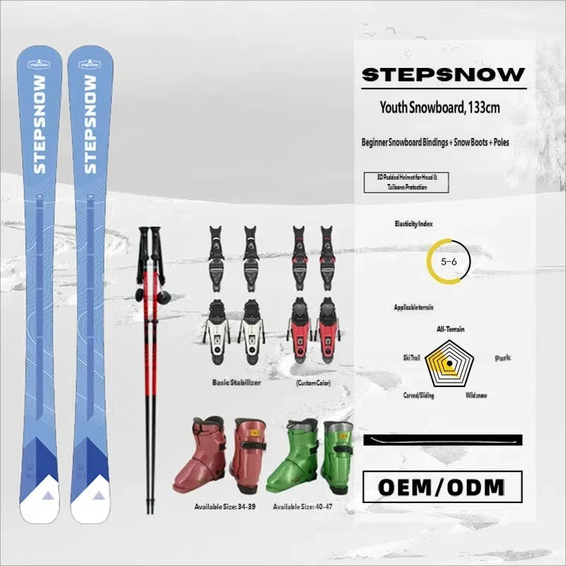 Paquete de Esquíes de Madera para Invierno para Adultos y Mujeres, Esquís Alpinos Ligeros y Flexibles con Sujeciones, Botas de Esquí y Bastones, Azul
