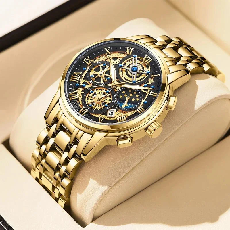 Reloj LIGE 2026 para hombre de acero inoxidable, reloj de cuarzo con fase lunar, resistente al agua, luminoso con calendario, regalo de Halloween