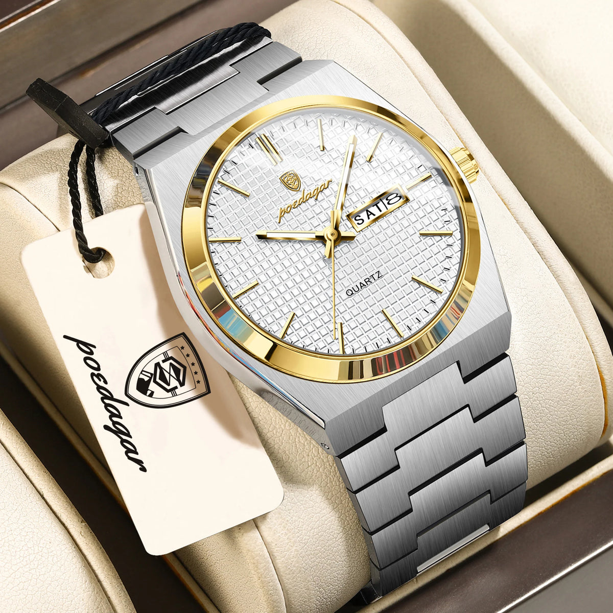 Reloj de pulsera para hombre POEDAGAR de moda, luminoso, resistente al agua, de acero inoxidable, con fecha y día, reloj de cuarzo de alta calidad para hombre