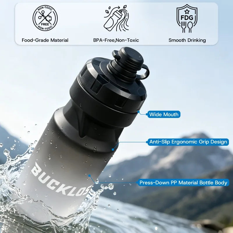 Botella de agua para bicicleta BUCKLOS de 610 ml, sin BPA, ideal para ciclismo y deportes, con tapa antipolvo y diseño a prueba de fugas, perfecta para bicicletas de carretera.