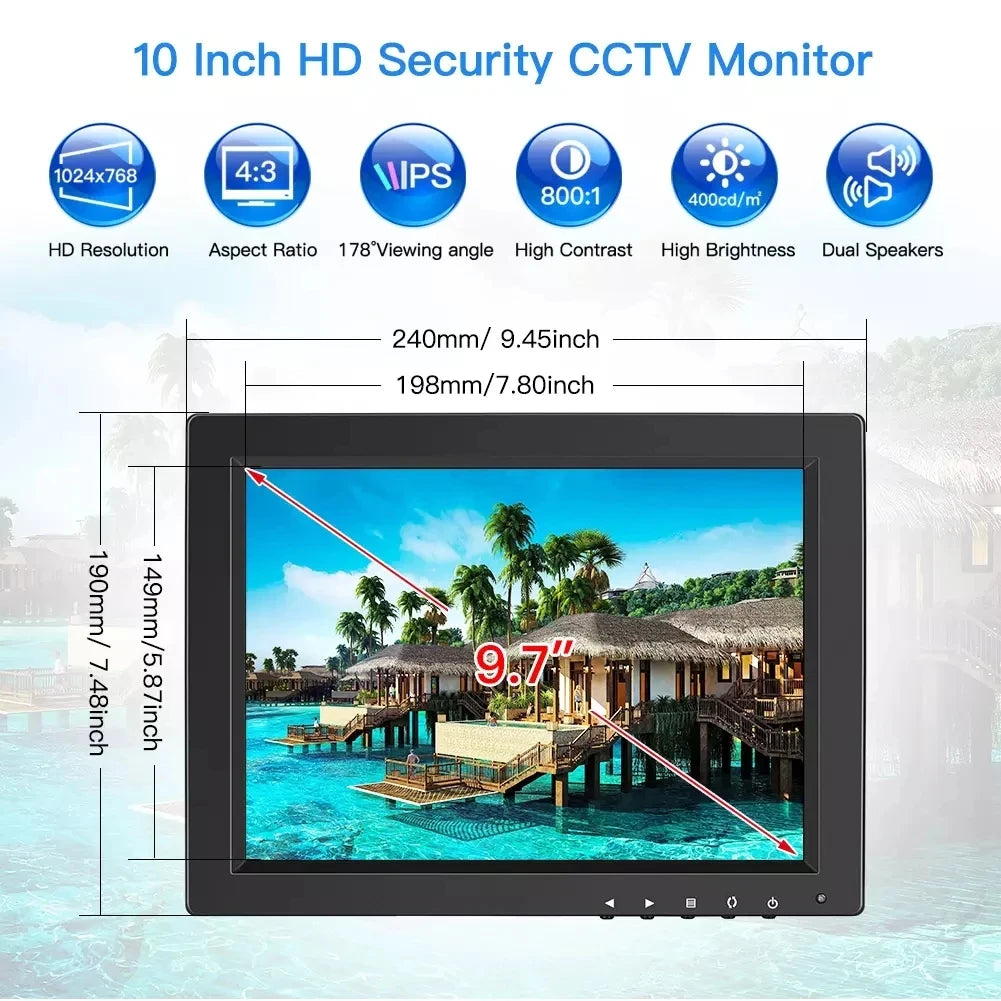 Monitor de escritorio pequeño Eyoyo de 10" HD 1024*768, monitor CCTV con pantalla LCD 4:3, puertos HDMI, VGA, BNC, AV, compatible con montaje en pared, altavoz integrado para videovigilancia.