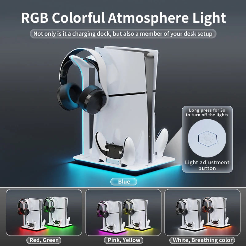 Soporte de refrigeración para consola PS5 Slim y Pro, estación de carga dual para mandos con 7 luces RGB para consola PS5 Slim versión disco y digital
