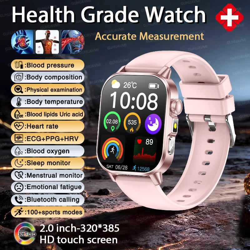 Reloj inteligente de enfermería de alta gama 2026 para hombre, ECG+PPG, presión arterial precisa, lípidos, ácido úrico, pantalla AMOLED de 2.0 pulgadas, reloj de llamadas HD para hombre