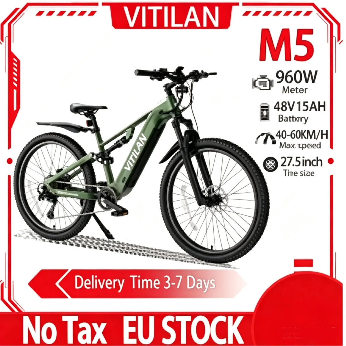 Bicicleta eléctrica Vitilan M5 de 1000W, 48V 15Ah, sensor de par de 90-100Nm, neumáticos de 27.5*2.8 pulgadas, cuadro de aluminio, 9 velocidades, para viajes al aire libre, adultos