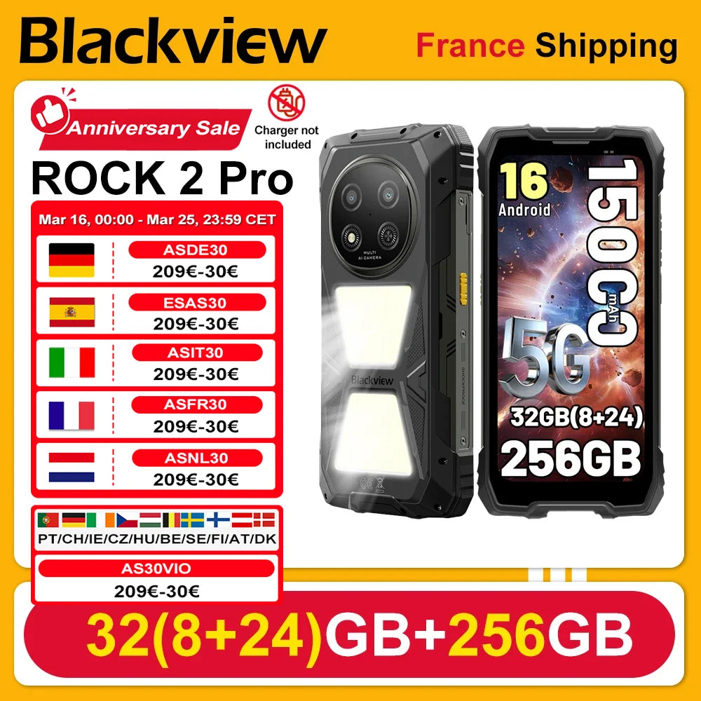 [Envío desde Francia] Smartphone resistente Blackview ROCK 2 Pro 8GB+256GB 6.67'' IPS Android 16 15000mAh 33W 5G Huella dactilar NFC