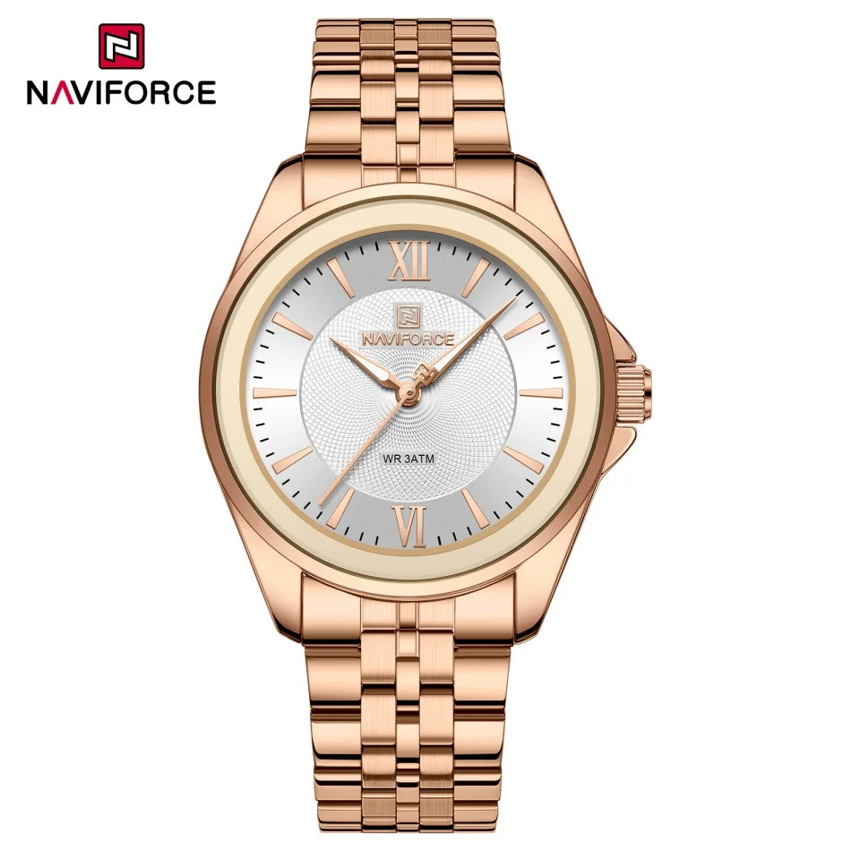 Reloj NAVIFORCE para mujer, creativo, con correa de acero inoxidable, a la moda, elegante, de cuarzo, resistente al agua 30m, reloj de pulsera femenino