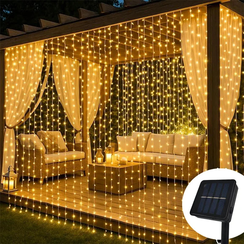 Cortina de luces LED solares impermeables para exteriores, 600 LED, guirnalda decorativa, luces de cadena para patio, Navidad, bodas, fiestas, terraza y jardín